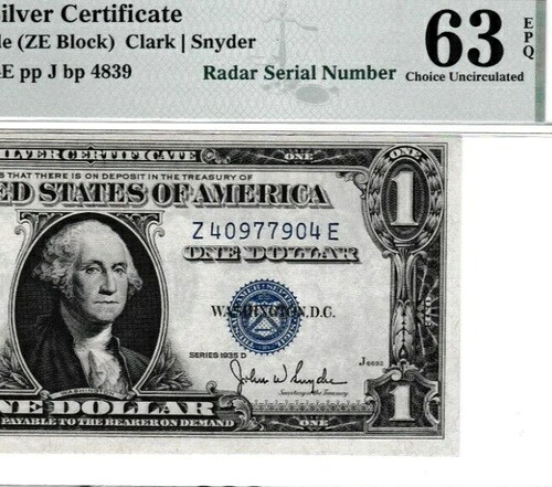 レーダー $1 1935 D シルバー証明書 ファンシー シリアル番号 4097-7904 PMG Fr.1613 W