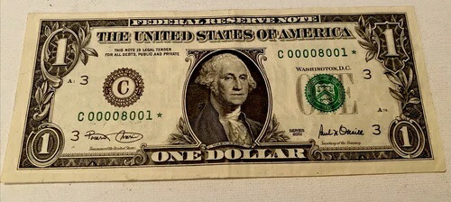 2001 年、シリアル番号が低い、$1 スター ノート、C 00008001*、非常にきれいな状態!