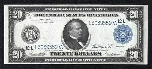 FR。 1011a 1914年 $20 FRN連邦準備銀行紙幣サンフランシスコ CAに非常に良好-