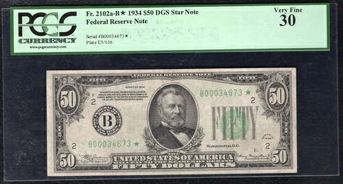 FR。 2102-B * 1934 $50 * スター * FRN フェデラル予約紙幣ニューヨーク NY PCGS VF-30-