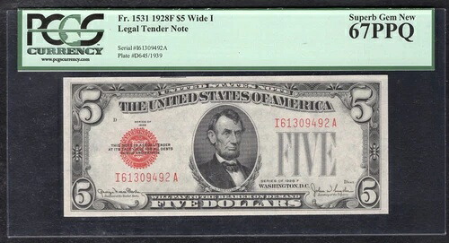 FR。 1531 1928年-F $5 リーガルテンダー USN ワイド I PCGS 極上逸品未流通 - 67PPQ-