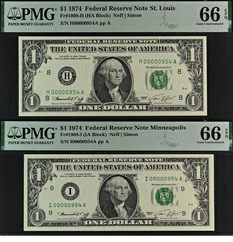 1974年製 $1 FRN PMG 66EPQ 3桁シリアル番号 00000954 2個セット