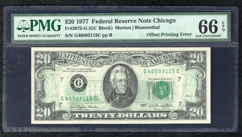 FR。 2072-G 1977年 $20 FRN 「オフセット印刷エラー」PMG gem未流通 - 66EPQ-