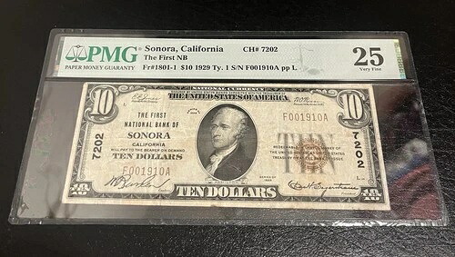 ソノラ カリフォルニア $10 FNB PMG VF-25 国家通貨ヒストリックゴールドラッシュロケール!-