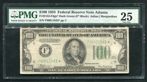 FR。 2152-Fdgs * 1934年 $100 * スター * FRN フェデラル予約紙幣 アトランタ GA PMG VF-25-