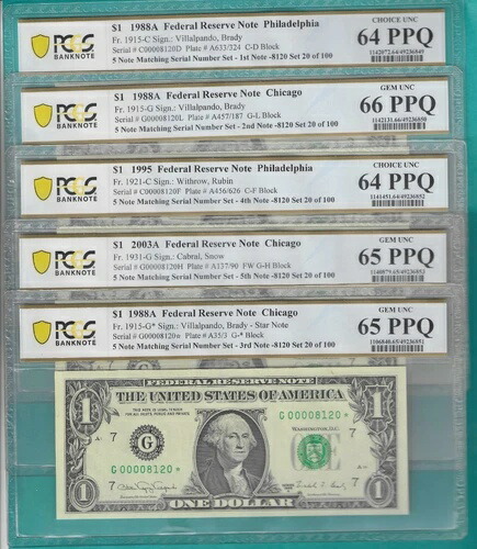 $1 5x マッチング 5 紙幣ローシリアル番号 4 桁 00008120 PCGS 等級-