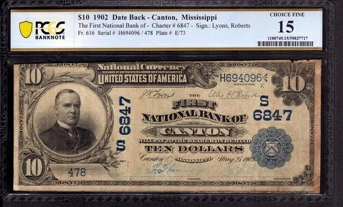 1902年 DB $10 最初の国立紙幣 カントン ミシシッピ PCGS B チョイスファイン F 15-