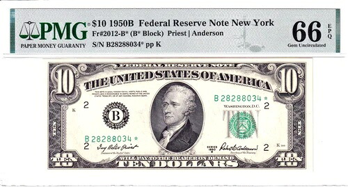 1950-B $10 FRN *STAR* ニューヨーク PMG Gem Unc 66EPQ Top Pop 3/0 #B28288034*