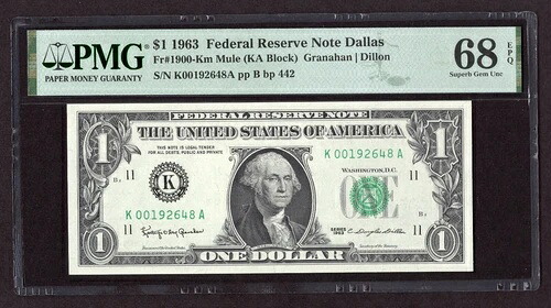 1963年 $1連邦準備銀行紙幣ダラスFr. 1900年 -Kmミュール(KAブロック) -PMG68EPQ-
