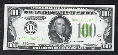 FR. 2152-D 1934 $100 LGS ライトグリーンシール FRN クリーブランド、オハイオ州 未流通