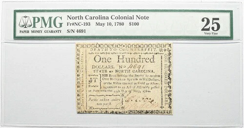 1780年 $100 PMG 25 Fr NC-193 北カロライナ植民地紙幣通貨 極細-