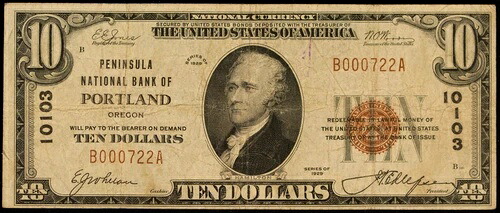 $10.00 ポートランド オレゴン ナショナル通貨紙幣-