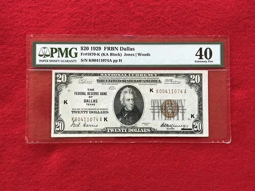 FR-1870K 1929年 $20 ダラス連邦準備券 銀行 FRBN * PMG 40 思い出良好 *-