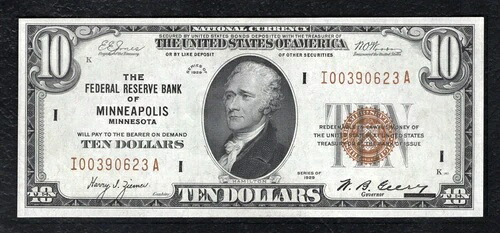 FR。 1860年-I 1929年 $10連邦準備銀行紙幣 ミネアポリス替同様未流通-