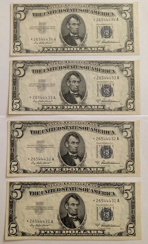 4枚セット：1953年A $5 銀券 ?スターノート? クリスプ ~ XF / AU