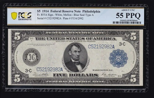 US 1914年 $5 FRN フィラデルフィア FR 855a PCGS 55 PPQ Ch AU (982)-
