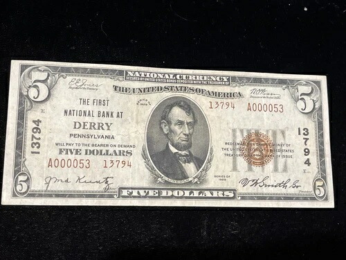 1929年 $5 国立デリー銀行初の国家通貨銀行 #13794年 ロー #53 Ty2-