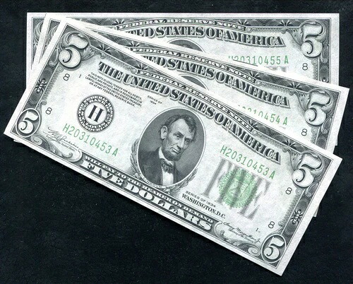 (3) 連続FR。 1955年-H 1934年 $5 FRN 連邦準備銀行券 gem UNC-
