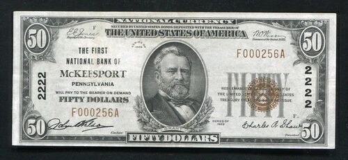 1929年 $50マッキースポート 最初の国立銀行 PA 国家通貨 CH.#2222XF-