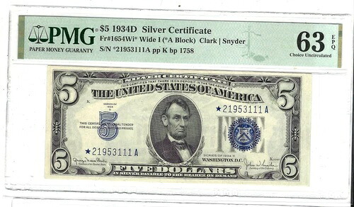 DBR 1934-D $5 シルバー ジェム スター Fr. 1654Wi* ワイド I PMG 66 EPQ シリアル *21430654A 99,220円