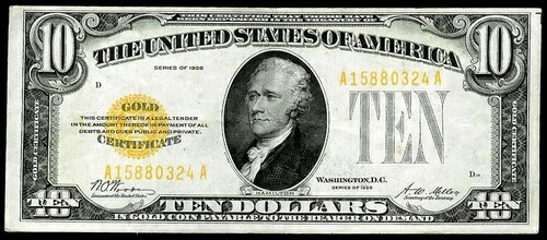 1928年 アメリカ $10ゴールド証明書紙幣 スモールサイズ FR #2400 ウッド&メロン-