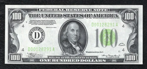 FR。 2152-D 1934年 $100 LGS ライトグリーンシール FRN クリベランド OH 未流通-