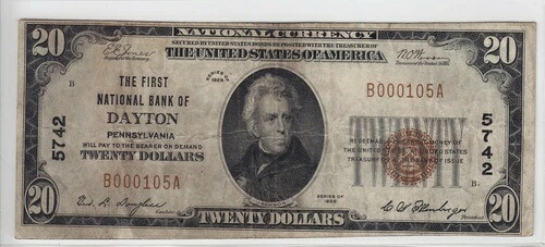 1929年 第一国立銀行デイトンPA $20紙幣チャーター 5742 B000105A-