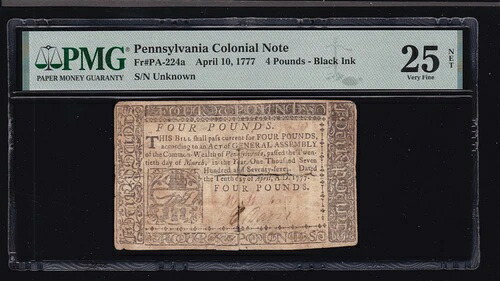 米国PA 224 4 目印鉛筆ベニア植民地通貨 4/10/1777 PMG 25 VF (000 )レア!-