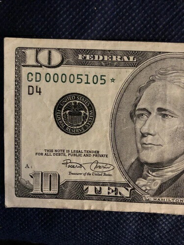 2001 $10 FRN 4x0 超レア *スター* - 4つの番号コンボ！シリアルNo. 00005105*