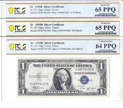 1935年B $1 シルバー証明書Fr。 1611 PCGS 65 PPQシーケンシャルセット(D18779137-9-D)-
