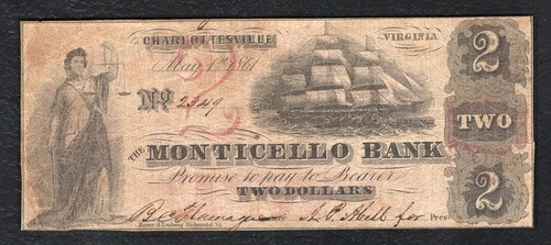 1861年 $2 モンティチェロ銀行チャーロッツビル VA 廃止通貨紙幣-