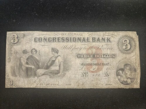 1856年 $3議会銀行、ワシントン市、紙幣オンデマンドレア廃止!!-