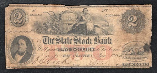 1858年 $2 州銀行オークレア、報酬紙幣-