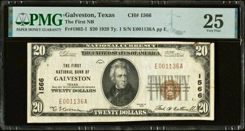 1929年 $20 テキサス州ガルベストン シティナショナルバンク Ch. #8899-