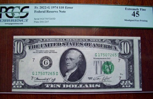 (FR.2022-G)1974年 $10エラー-誤ったフェイスプリント (PCGS XF 45 )-