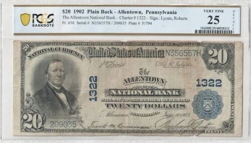 $20 国家通貨 1902-PB - Ch#1322 - Allentown NB, Allentown, PA VF25-
