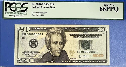 USA 2004 (A) $20 Fr# 2089-B レーダー＆ローテーター シリアル08000080 GEM UNC PCGS 66 PPQ