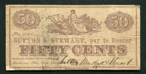 1862年 50セント サットン、マーシャル＆スチュワート インディアナ州 旧式紙幣 *希少*