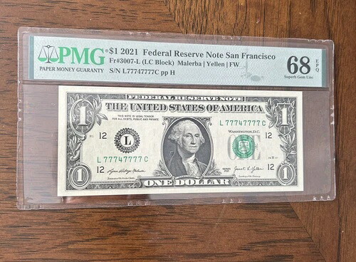 希少な1/1 ラッキー7s/7 Of A Kind ファンシーシリアルナンバー $1 2021 紙幣 UNC PMG 68