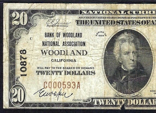 ???? CA 1929 $20 ??ウッドランド、カリフォルニア?? PMG CH ファイン 15 発見が難しい-