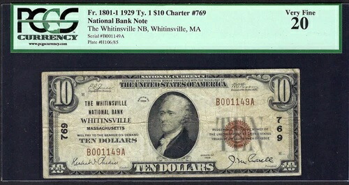 ???? MA 1929 $10 ??マサチューセッツ州ウィッティンズビル?? PCGS VF 20 入手困難