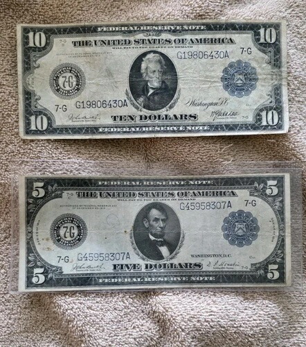 1914年セット $5 $10 連邦準備銀行紙幣 ラージサイズ ブルーシール-