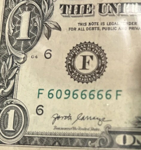 Fancy 6 のシリアル番号とマージンエラー付き $1 ビル 6f60966666f-