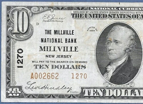 NJ 1929 $10 タイプ 2 ??ミルビル、ニュージャージー州??