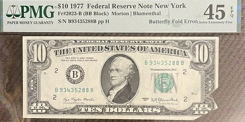 1977年 $10 FRN エラーノート 新しいカッティングとシリアル印刷エラー バタフライフォールドエラー