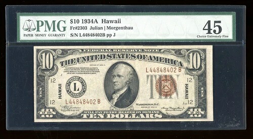 DBR 1934-A $ 10 FRN ハワイ LBFr。 2303 PMG 45 以降 L448402B-