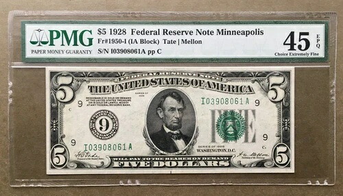 1928年 $5 FRN ミネア ポリス FR 1950-I PMG 45 EPQ Ser# I 03908061 A-