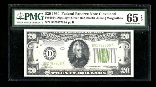 DBR 1934 $20 LGS FRN クリーブランド ジェム Fr. 2054-Dlgs PMG 65 EPQ シリアル D02767709A