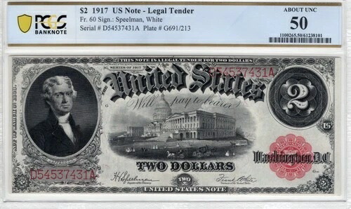 1917年 美しいクリスプ $2 法定通貨紙幣 FR-60 PCGS グレード 50-