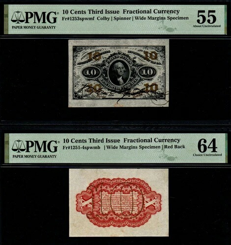 10C 第3版米国分数通貨フロント＆バック標本セット! PMGグレード！-